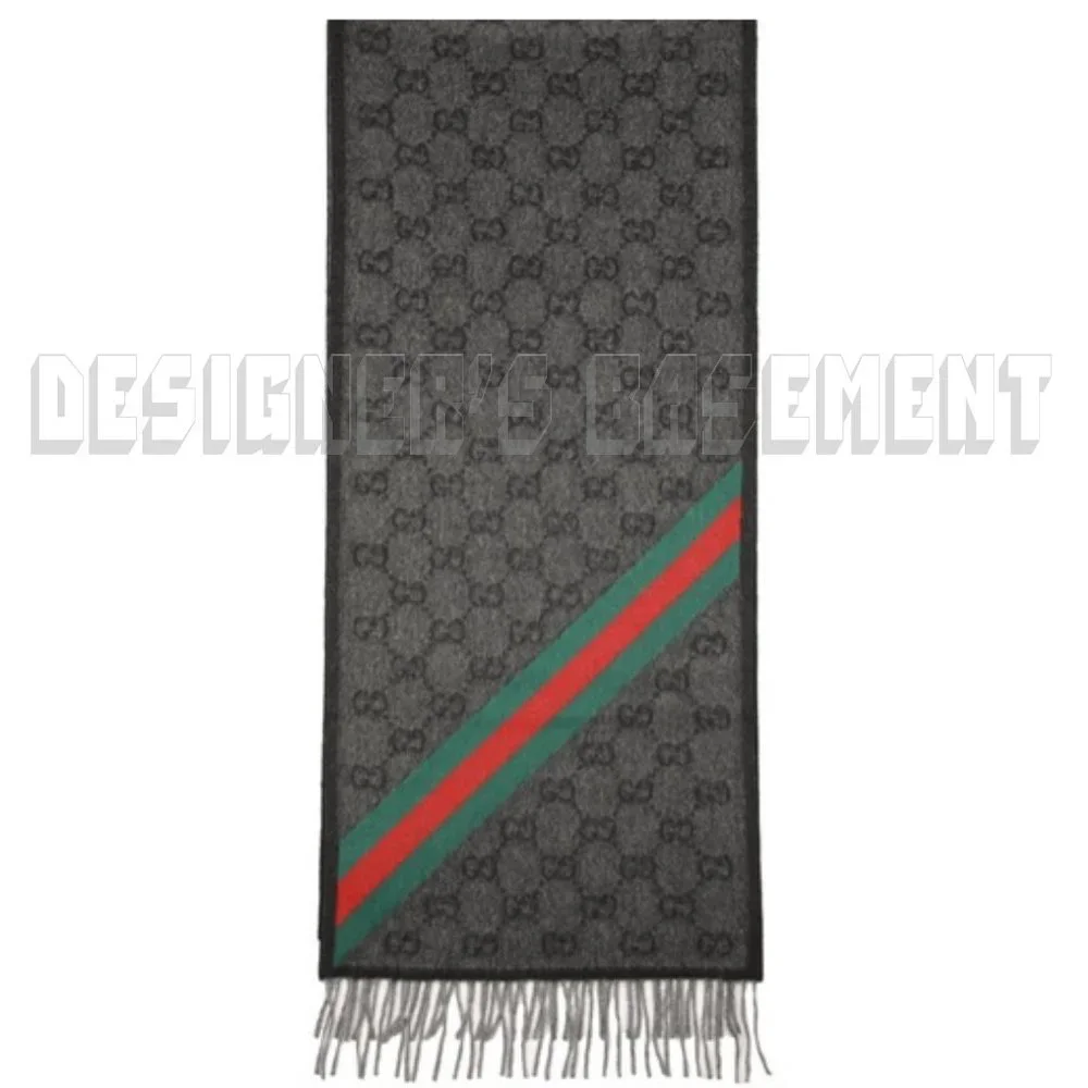GUCCI charcoal/black GG green/red WEB detail NIKKY Angora blend fringe scarf +🎁